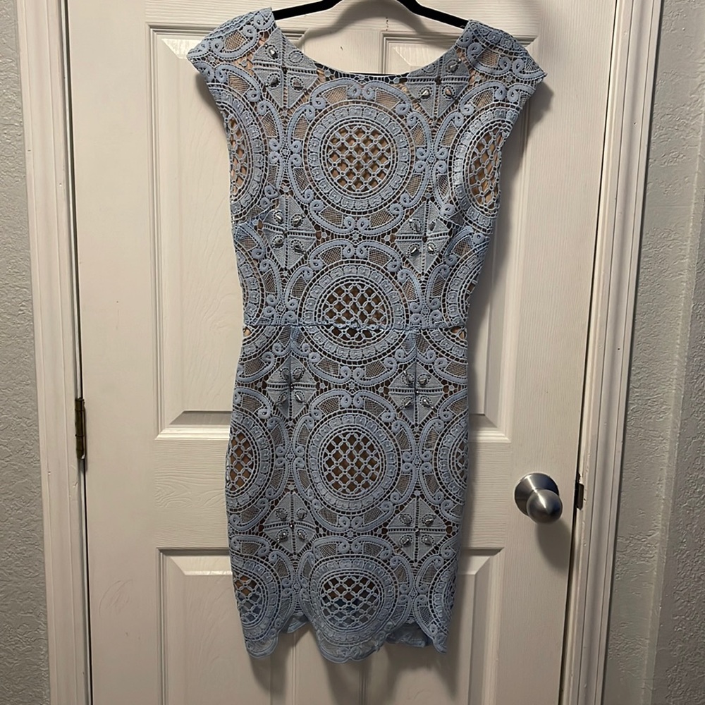 Alberto Makali lace dress, color blue/nude size S  with gem details in front